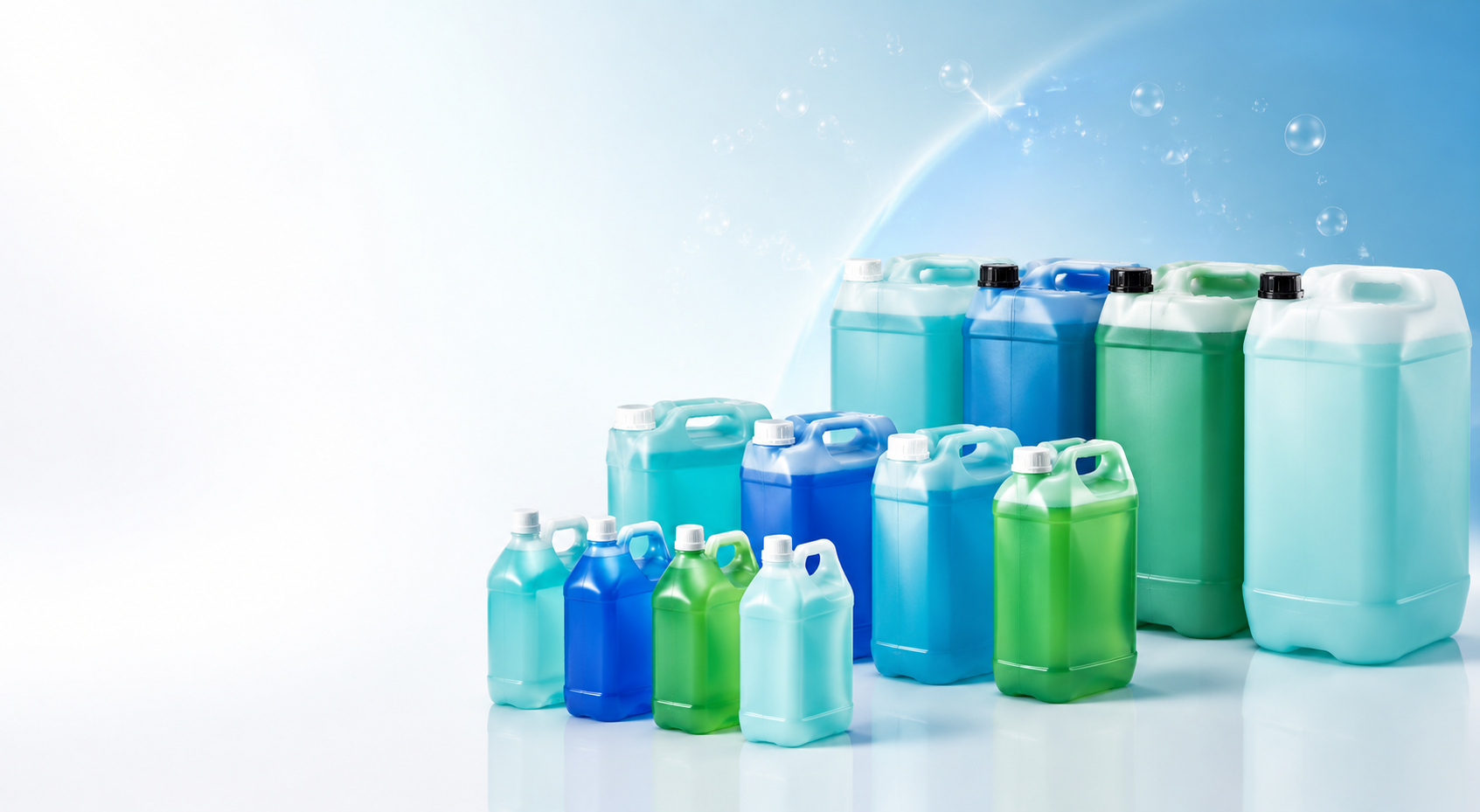 Presentaciones de productos líquidos de aseo en tonos turquesa, azul y verde